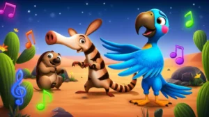 História Infantil sobre a amizade de Joca, Pipa e Giba, o tamanduá, arara e tatu, trabalhando em equipe para restaurar a melodia dos cactos no Deserto de Areia Viva.