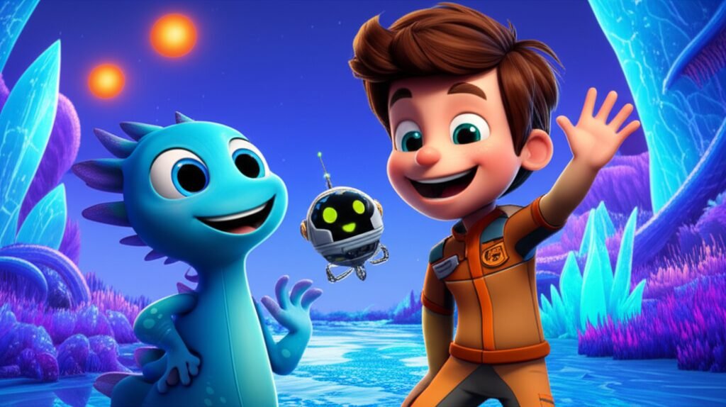 História Infantil: Ilustração de um menino explorador espacial, uma criatura alienígena azul e um robô amigável explorando um planeta cristalino e vibrante, simbolizando a amizade.