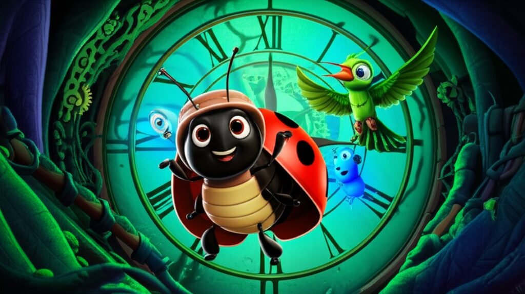 História Infantil sobre a amizade: A imagem mostra os personagens principais, a joaninha Bela, o vaga-lume Léo e o beija-flor Juca, explorando um jardim secreto dentro de uma torre de relógio antiga, simbolizando união e descoberta.