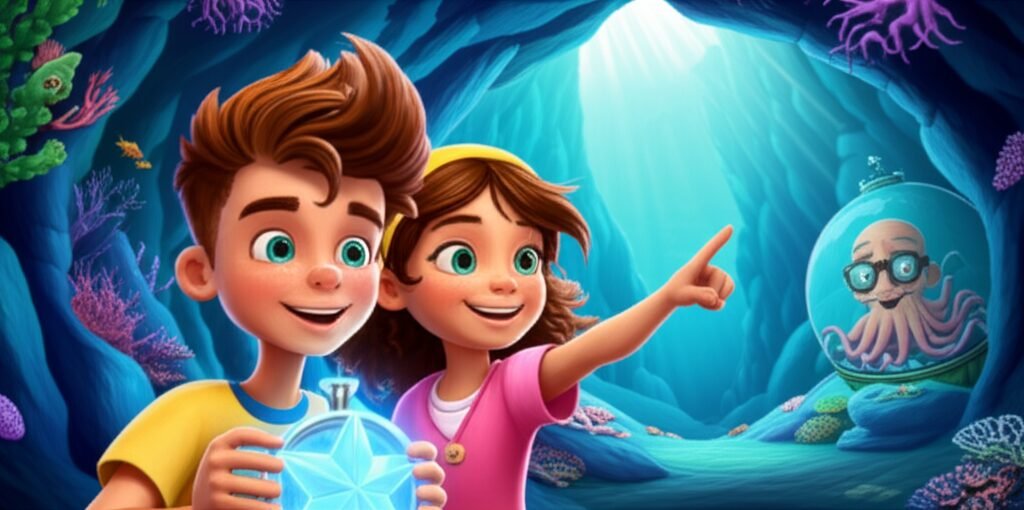 História Infantil: Ilustração da aventura submarina de Léo, Sofia e o Dr. Octávio em busca do segredo do Relógio Estelar, destacando a amizade.