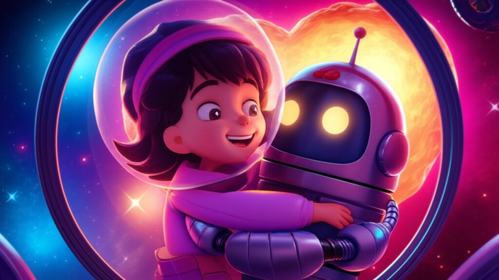 História Infantil sobre Amor: Luna, uma menina exploradora espacial, e seu amigo robô Ariel observando um asteroide brilhante em forma de coração no espaço.
