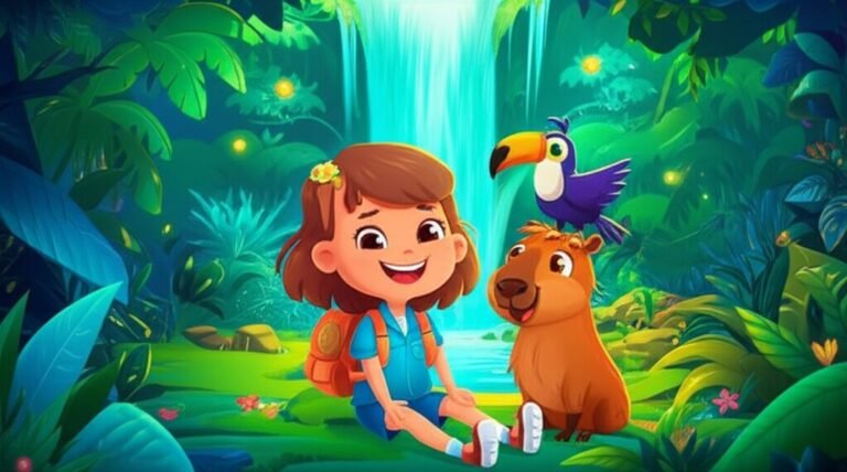 História Infantil sobre Amor ao Próximo: Imagem de Nina, a capivara Cacau e o tucano Jubileu juntos na Floresta Cintilante, com a cachoeira cintilante ao fundo, ilustrando a amizade e a aventura que marcam esta História Infantil.