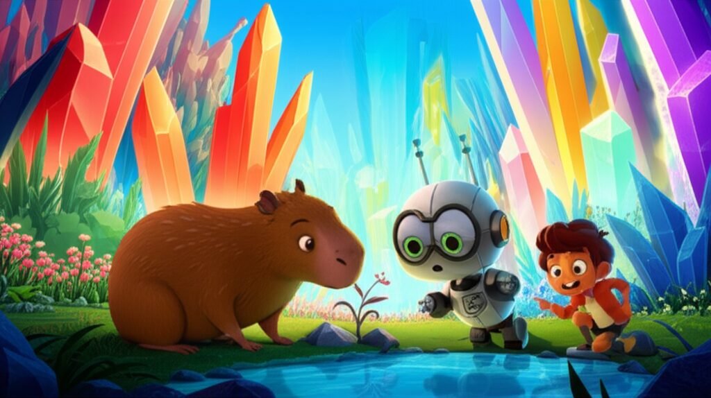 História Infantil O Segredo da Fonte Cintilante, ilustração de uma capivara, um robô e um garoto em uma floresta de cristais, focando no tema de amor ao próximo e colaboração.