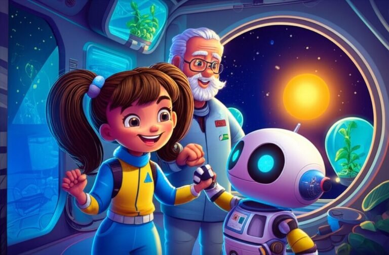 História Infantil: Ilustração de Astra, Kiko e Professor Solano sorrindo em uma estação espacial, com um sol brilhante visível pela janela, representando o poder do amor e da conexão.