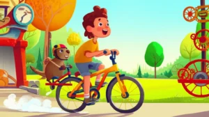 História Infantil sobre andar de bicicleta, menino Leo pedalando sua bicicleta especial com o capivara Bolota ao lado, em um cenário de oficina e parque, transmitindo aventura e alegria.