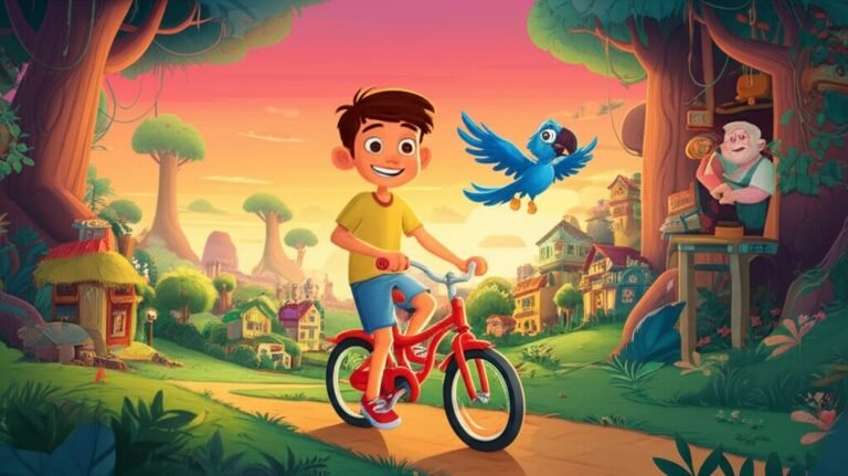 História Infantil: Imagem de Leo em sua bicicleta vermelha com a arara Nina e Seu Bento, no vilarejo de Pedalândia, simbolizando a aventura de aprender a pedalar e o segredo do equilíbrio.