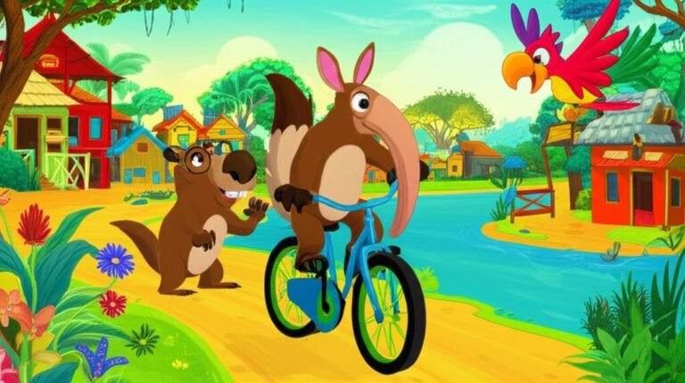 História Infantil: Ilustração de Tonico, o tamanduá-bandeira, feliz andando de bicicleta em um vilarejo com seus amigos.