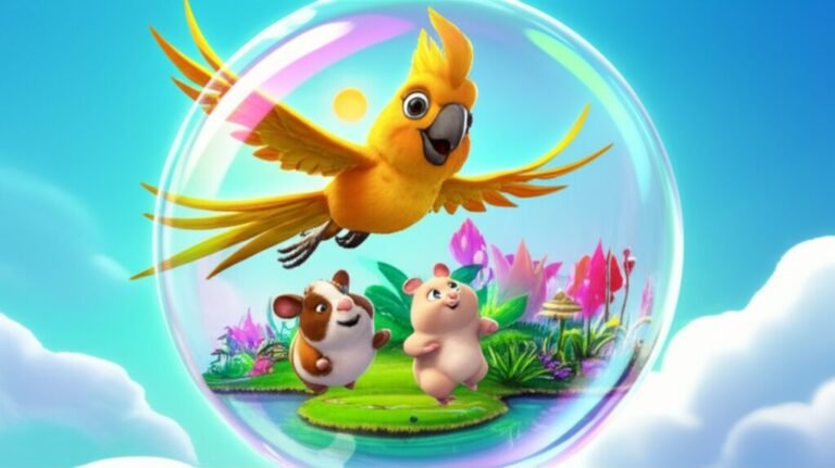 História Infantil sobre animais de estimação. Imagem de uma calopsita, um hamster e um porquinho-da-índia em uma bolha de sabão gigante voando para uma ilha flutuante, simbolizando a aventura e a descoberta.
