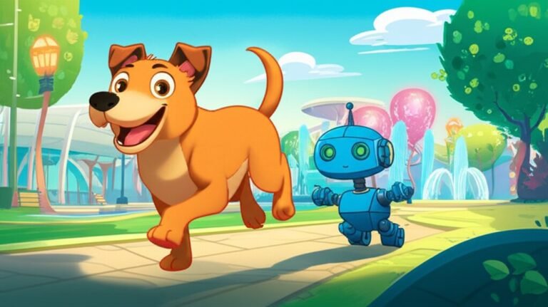 História Infantil: Ilustração de um vira-lata caramelo e um robô azul-metálico explorando um parque tecnológico, representando a amizade e a aventura do título História Infantil sobre Animais de Estimação.