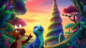 História Infantil: Imagem da capivara Brisa, do tamanduá Ciro e da aranha Jurema na Floresta das Asas Luminosas, com a Árvore-Céu ao fundo.