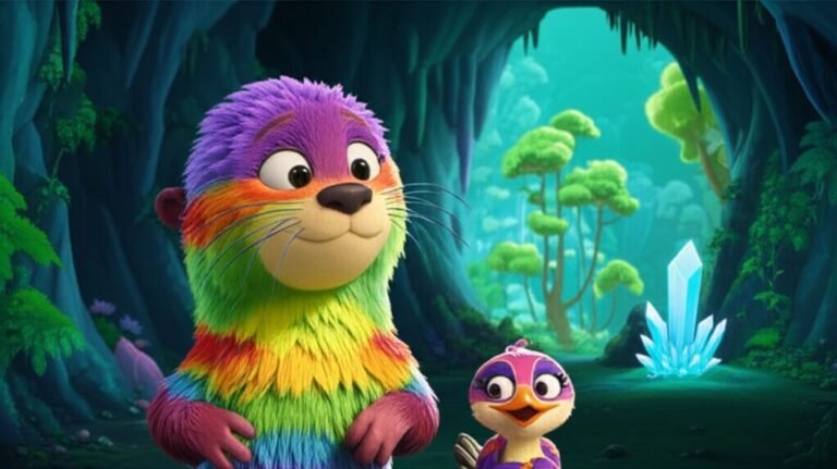História Infantil sobre Lipe, a lontra-arco-íris, e Nina, a pica-pau luminosa, explorando uma caverna para encontrar o coração sonoro da Montanha da Voz Eterna. A imagem mostra os dois amigos em uma aventura cheia de cores e descobertas.