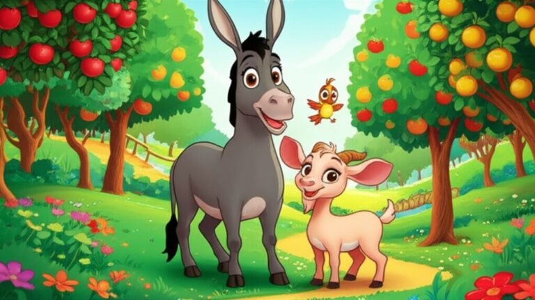 História Infantil: Ilustração vibrante de Joca, o burro, Flora, a cabra, e Pipoca, o passarinho, descobrindo um pomar secreto em O Segredo do Pomar Escondido.