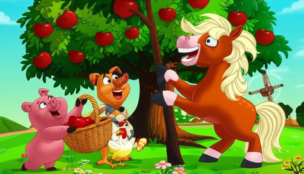 História Infantil sobre a amizade e o trabalho em equipe dos animais da fazenda: Pipo o pônei, Dona Cotinha a galinha e Quincas o porco, buscando maçãs na macieira do Vovô Mundico.