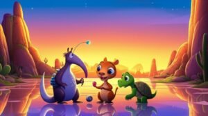 História Infantil sobre Animais: Ilustração vibrante de Apolo (tamanduá), Jubiliana (capivara) e Caco (jabuti) explorando um deserto de sal e cânions, investigando um objeto brilhante.