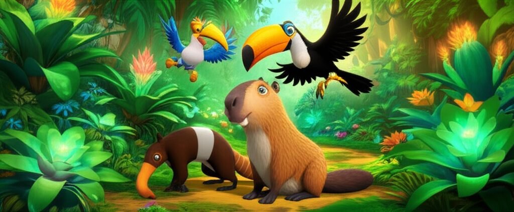 Uma História Infantil ilustrando Quincas, a capivara, Pinduca, o tamanduá-bandeira, e Júlio, o tucano-toco, explorando um vale místico repleto de bromélias gigantes e coloridas, em busca de uma flor lendária. A imagem representa a amizade e a aventura da História Infantil.