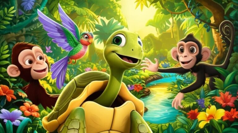História Infantil sobre animais: Ilustração de Jubileu, um jabuti sábio, Flora, uma beija-flor colorida, e Caio, um macaco-prego brincalhão, juntos na Floresta Encantada ao lado do Rio de Mel que flui, representando a amizade e o trabalho em equipe da história.