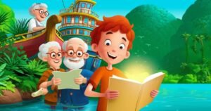 História Infantil: A Jornada de Léo na Biblioteca Flutuante. Ilustração colorida de um menino lendo um livro em um barco biblioteca flutuante com um avô e uma bibliotecária.