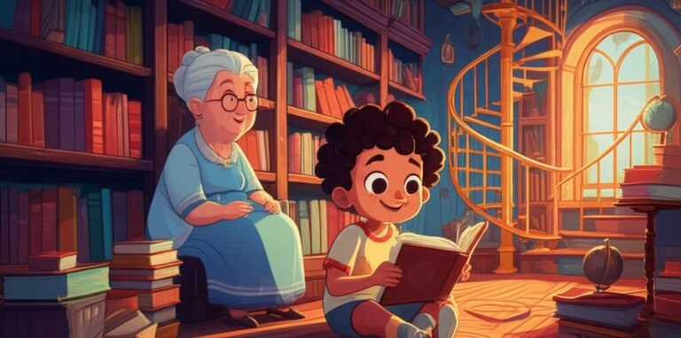 História Infantil A Jornada de Léo e o Livro Sussurrante: Um menino, Léo, sorrindo enquanto segura um livro que parece sussurrar, sentado em um cantinho de leitura em uma biblioteca cheia de livros, com uma bibliotecária observando ao fundo.