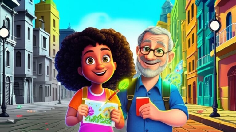 História Infantil sobre arte: Imagem de Lia, Seu Benedito e Faísca em Cromolândia, mostrando a cidade se enchendo de cores novamente graças à arte e à imaginação.