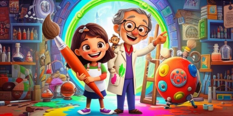 História Infantil A Cor que Viajou no Tempo. Uma ilustração colorida de uma menina, um professor e um macaco-prego em um laboratório artístico, com um portal temporal mostrando diferentes eras da arte, simbolizando a jornada em busca da essência da criatividade.