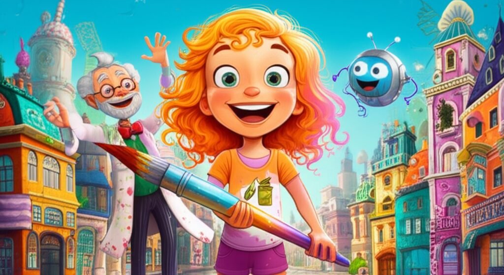 História Infantil O Pincel Vibrante de Aurora, mostrando uma menina pintando uma cidade vibrante com um pincel especial, ao lado de um inventor e um robô colorido.