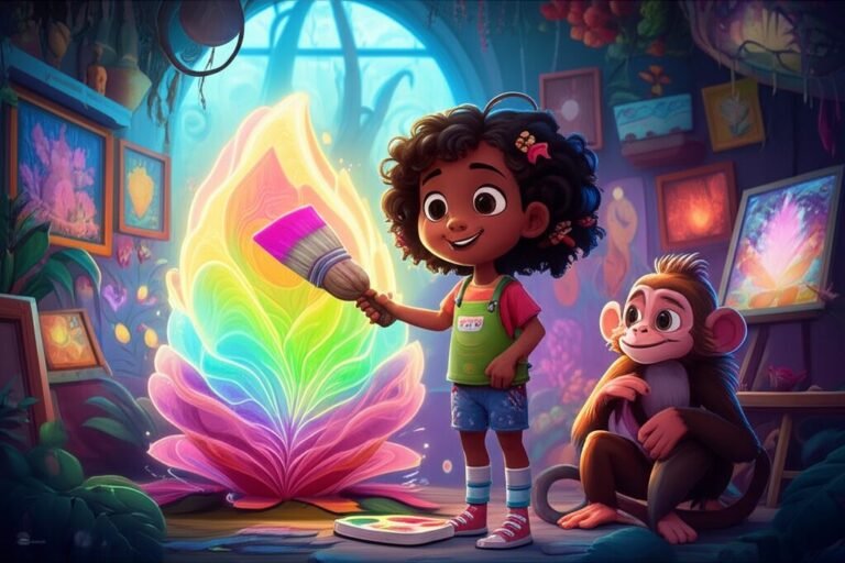 História Infantil: Uma imagem alegre e colorida mostra Lia, uma menina com pincel, ao lado do macaco Chico e da criatura Lumus que brilha em um estúdio de arte vibrante. A cena da História Infantil sobre artes: Lia e o Coração Luminoso do Estúdio Esquecido representa a inspiração artística e a amizade.