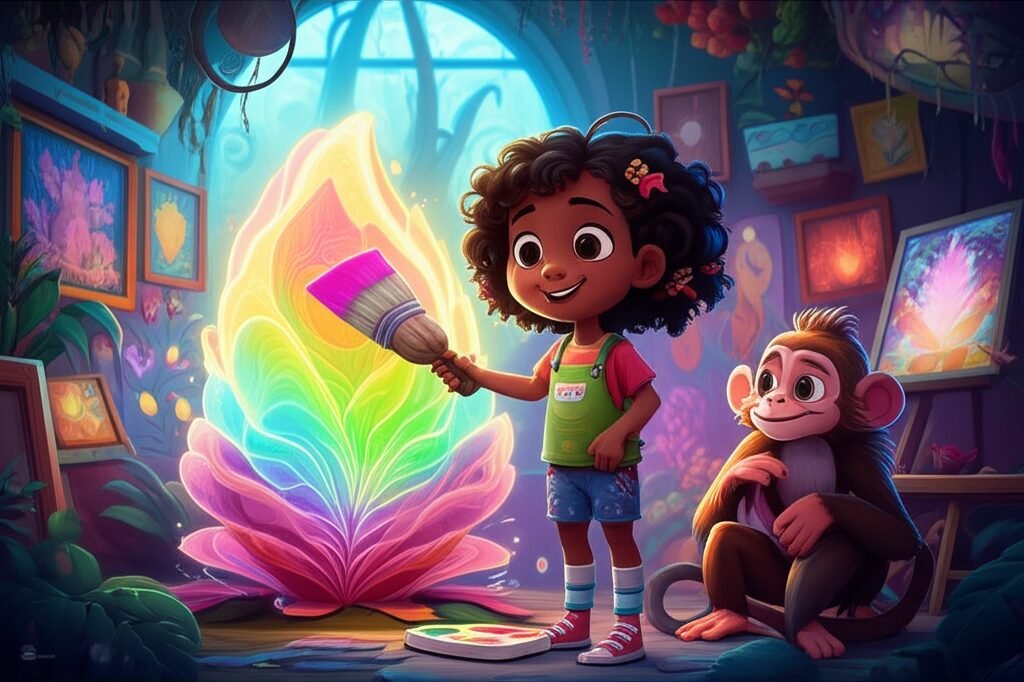 História Infantil: Uma imagem alegre e colorida mostra Lia, uma menina com pincel, ao lado do macaco Chico e da criatura Lumus que brilha em um estúdio de arte vibrante. A cena da História Infantil sobre artes: Lia e o Coração Luminoso do Estúdio Esquecido representa a inspiração artística e a amizade.