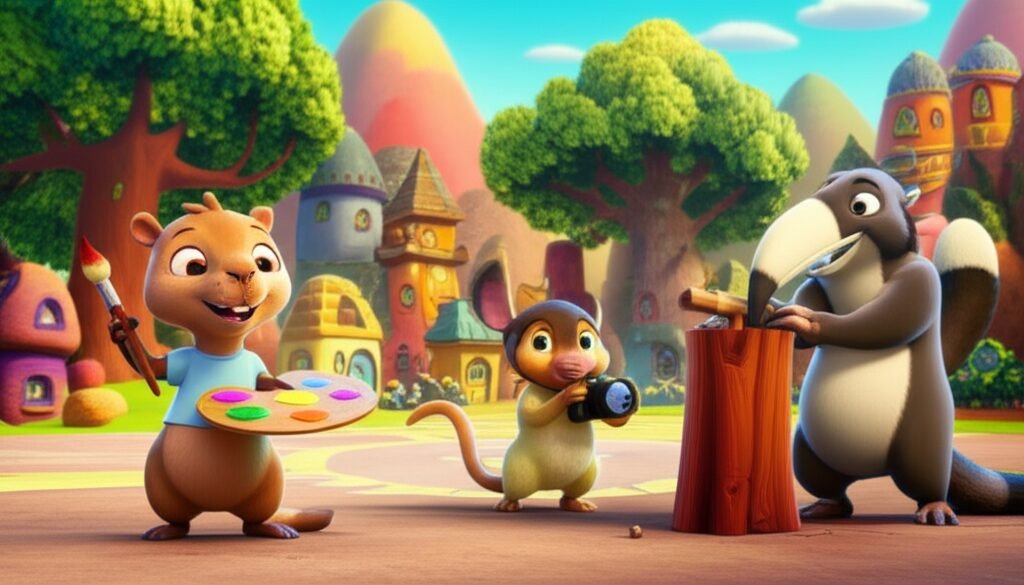 História Infantil sobre artes: Uma capivara pintora, um tamanduá-bandeira escultor e uma sagui fotógrafa colaboram em uma obra de arte para o Festival da Luz e das Cores no Vale das Cores Vivas, celebrando a amizade e a criatividade.