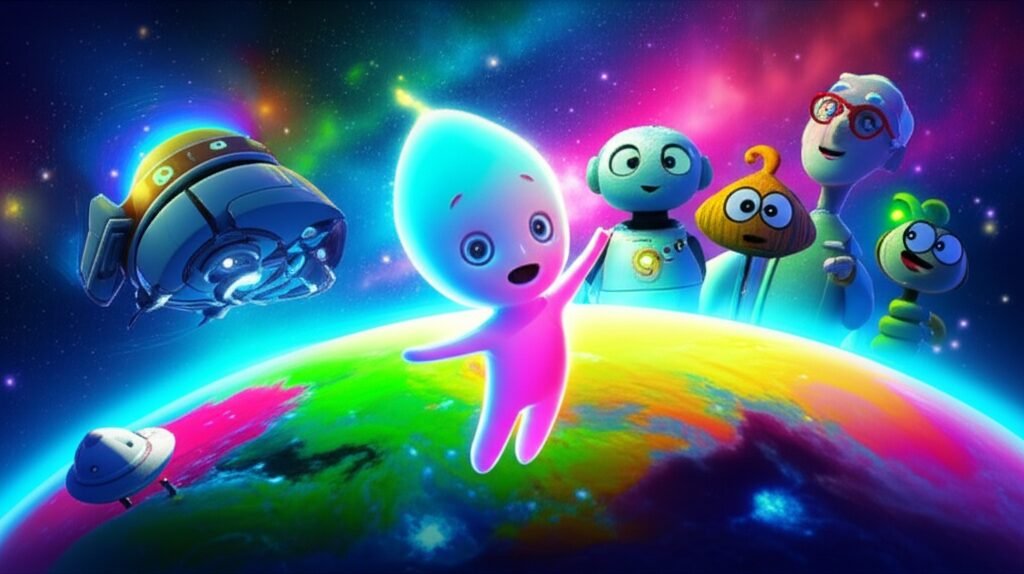 História Infantil sobre as cores. Ilustração mostra o personagem Lumi, um ser luminoso, o Professor Cícero e o robô Pipoca admirando o Planeta Cromália, um mundo cheio de cores vibrantes no espaço.