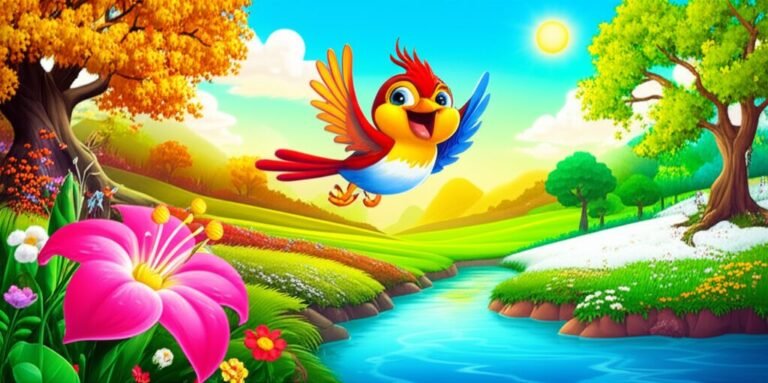 História Infantil sobre as quatro estações do ano: Joca, Lírio e Córrego no Vale Encantado de Estael, com elementos visuais de outono, inverno, primavera e verão, celebrando a amizade e a natureza.