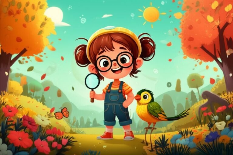 História Infantil sobre as quatro estações do ano: Juju, uma menina inventora e seu amigo Zé Curió, um passarinho, exploram um jardim botânico com elementos das quatro estações representados. A imagem vibrante ilustra a aventura e a amizade na natureza.