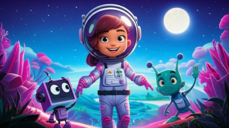 História Infantil sobre uma astronauta e seu robô explorando um planeta alienígena com um novo amigo, destacando uma aventura intergaláctica cheia de descobertas.