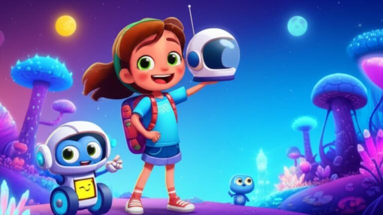 História Infantil sobre Astronauta: Imagem vibrante de Mariana, uma pequena astronauta, e seu robô Robi, no planeta Lumina, junto ao seu novo amigo alienígena Blip, ilustrando a aventura e a amizade da História Infantil.