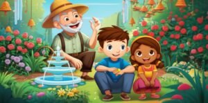 Imagem de ilustração da História Infantil sobre Autismo: O Jardim Secreto de Leo e a Melodia da Amizade, mostrando as crianças Leo e Flora sentadas juntas em um jardim vibrante, com o Professor Sabichão ao fundo.