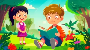 Uma ilustração da História Infantil O Mundo de Luz do Pequeno Tiago e o Canto dos Beija-Flores, mostrando Tiago, um menino com autismo, observando um beija-flor em um vibrante parque florido, com sua amiga Mariana ao fundo, simbolizando amizade e inclusão.