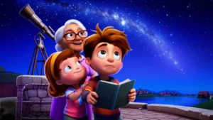 História Infantil: Léo, um menino com autismo, sua amiga Sofia e a astrônoma Dona Laura observando as estrelas com um telescópio em uma torre antiga, sob um céu noturno deslumbrante.