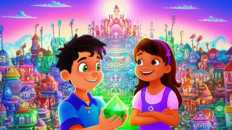 História Infantil A Sinfonia Secreta de Matias: Ilustração de Matias e Sofia, os personagens principais, na cidade futurista de Harmonia Sonora, com o Orquestrador de Sons ao fundo.