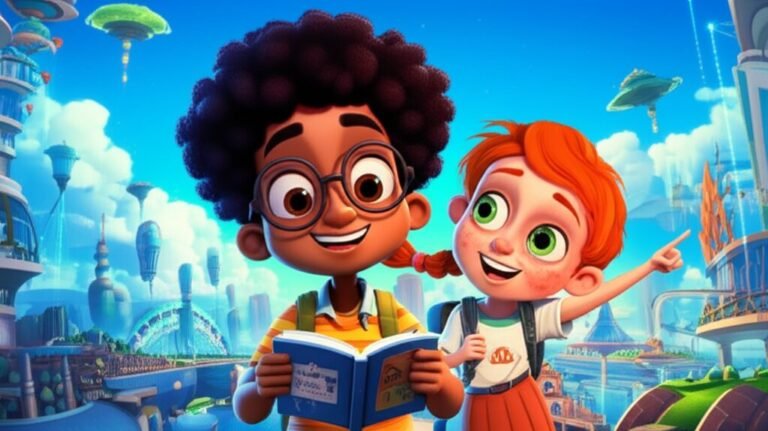 História Infantil: A Jornada de Léo, o Inventor Esquecido. Ilustração de Léo e Mariana na Cidade Aérea de Brilhantópolis, celebrando o sucesso da invenção de Léo. A imagem representa autoestima e autoconfiança.