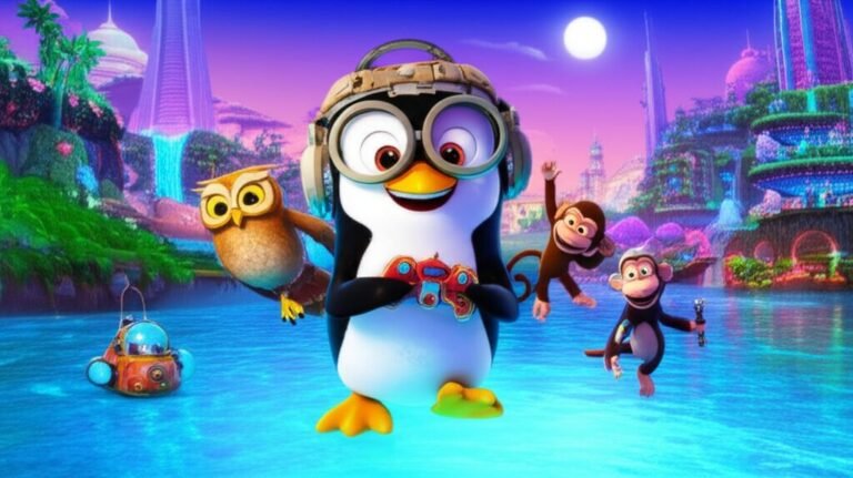 História Infantil: Imagem de um pinguim inventor, Bento, com seus amigos Lígia (coruja) e Mário (macaco), controlando um submarino robótico em uma cidade futurista, simbolizando autoestima e autoconfiança.