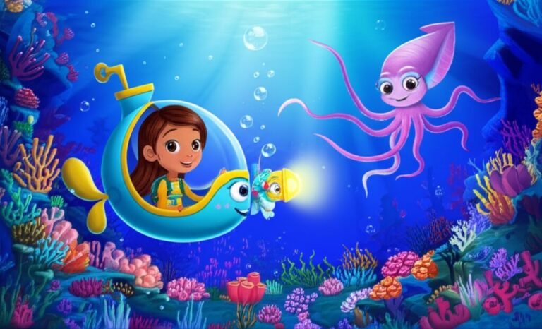 História Infantil sobre aventura no oceano: Ilustração colorida de Marina em seu submarino Golfinho Azul, acompanhada pelo peixe-lanterna Luminoso e a lula-gigante Ondina, explorando um recife de corais brilhante.