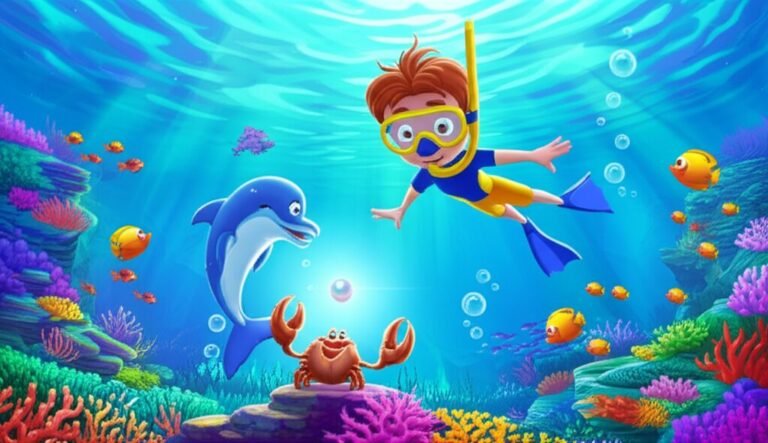 História Infantil sobre aventura no oceano: Imagem de um menino mergulhador, um golfinho e um caranguejo explorando um recife de corais vibrante com uma pérola luminosa.