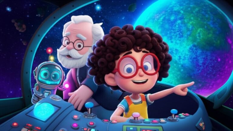 Ilustração da História Infantil A Missão Cósmica de Lila e seus Amigos, mostrando os personagens Lila, Professor Astrogildo e o robô Blip dentro de uma nave espacial, explorando o universo e o Planeta Floralia.