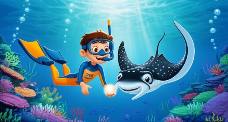 História Infantil: Ilustração de Leo, o menino aventureiro, e sua amiga arraia Dori, explorando um recife de coral brilhante com uma pérola cintilante.