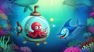 História Infantil sobre Aventuras Submarinas: Imagem vibrante do Dr. Polvo, Fúria e Serena explorando um recife de coral bioluminescente em seu mini-submarino.