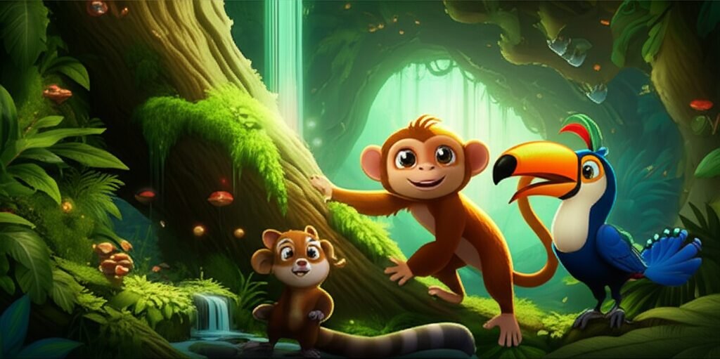 História Infantil sobre a aventura de Chico, Tobias e Quinho para descobrir o Ritmo Secreto da Samaumeira Gigante, com cores vibrantes e personagens encantadores.