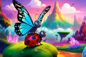 História Infantil: Borboleta Aurora e joaninha Lila em uma jornada de amizade e coragem através do Jardim de Cristais Suspensos, uma ilustração vibrante e cheia de detalhes para crianças.