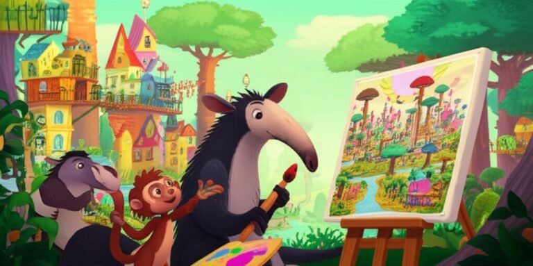 História Infantil sobre bullying: Imagem de Joca, o tamanduá artista, com sua pintura em um festival, Nina a macaca esperta e Tarcísio a queixada.