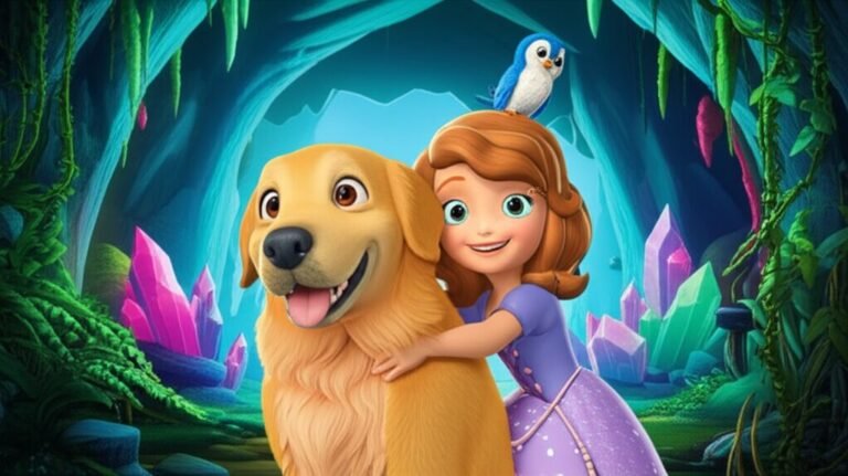 Uma ilustração vibrante da História Infantil sobre Tobias e o Mistério da Caverna Luminosa, mostrando a menina Sofia abraçando seu cachorro Tobias e o pássaro Pipoca em frente a uma caverna de cristais brilhantes.