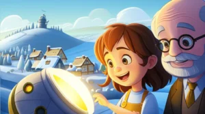 Imagem da História Infantil O Segredo da Colina Radiante em Sol Nascente, apresentando a menina Júlia e o Professor Astrogildo com seu aparelho que aquece casas, simbolizando a caridade e a união no vilarejo.