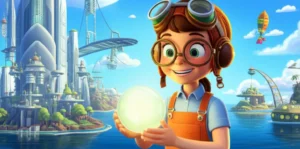 História Infantil A Luz de Lumina na Cidade Verticalis, ilustração de personagens unidos pela caridade, com uma inventora, um explorador submarino e uma piloto de aerovela em seus respectivos cenários.